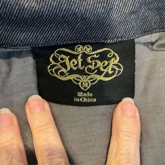 Jet Set Pearl Snap Collared Blouse Roll Sleeve Charcoal Stretchy Size Medium - Picture 4 of 7